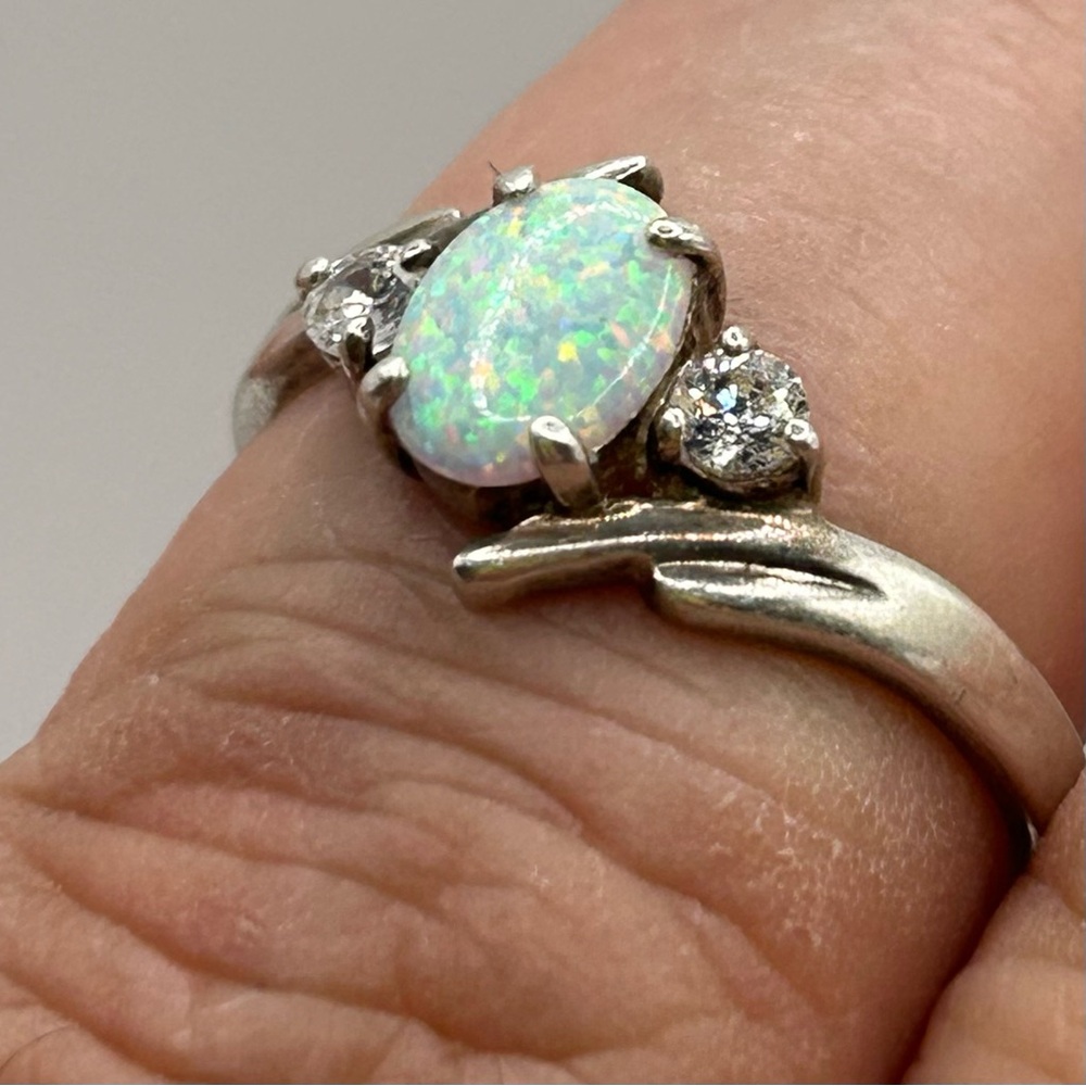 VTG Elegant Sterling Silver 'Colorful' Opal Ring w/ diamond stone accents SZ 10 - Picture 11 of 17